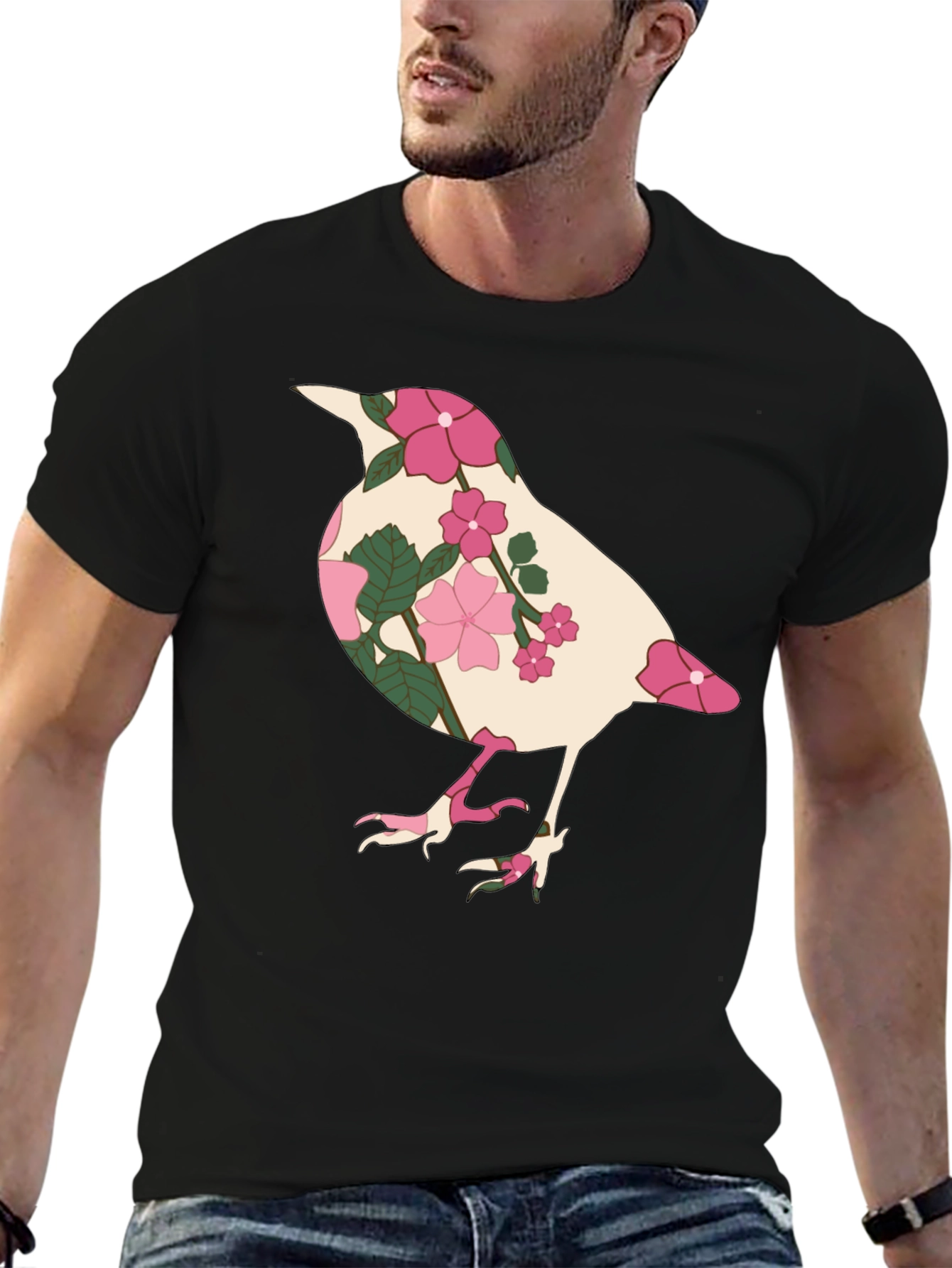 Floral Bird Graphic Tee - Black