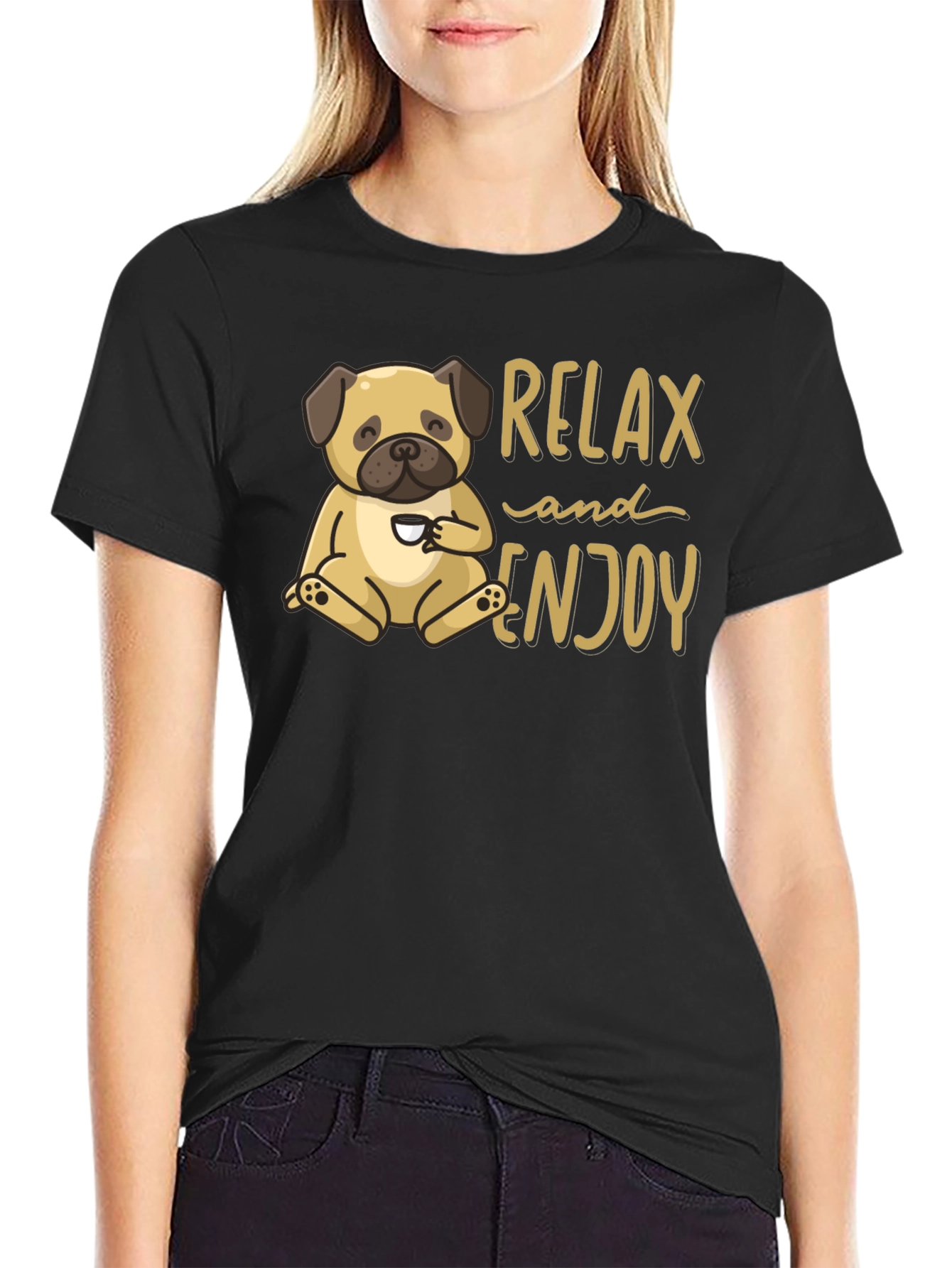 Relax and Enjoy Pug Graphic Tee - Black