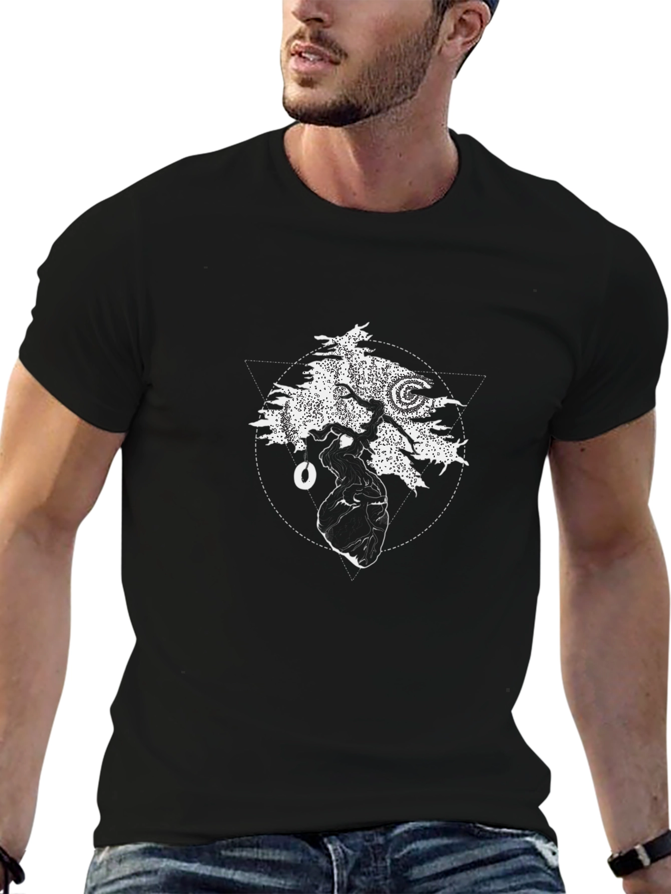 Geometric Tree Heart Graphic Black T-Shirt