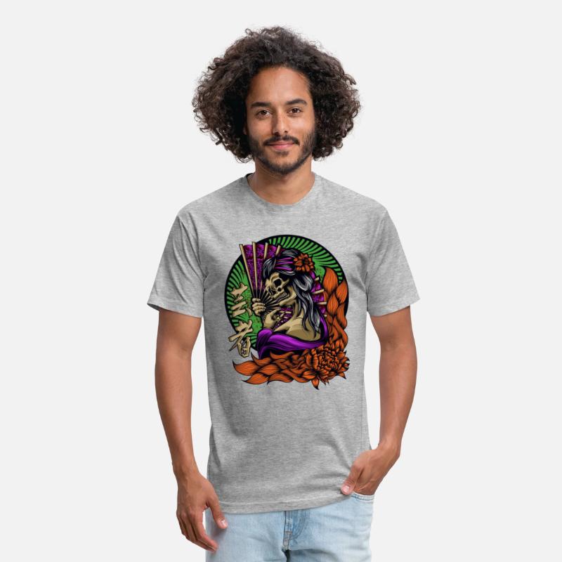 SKULL Geisha Japanese woman fanning herself flower