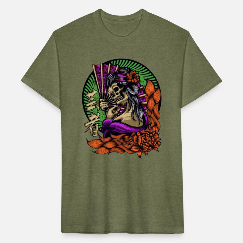 SKULL Geisha Japanese woman fanning herself flower