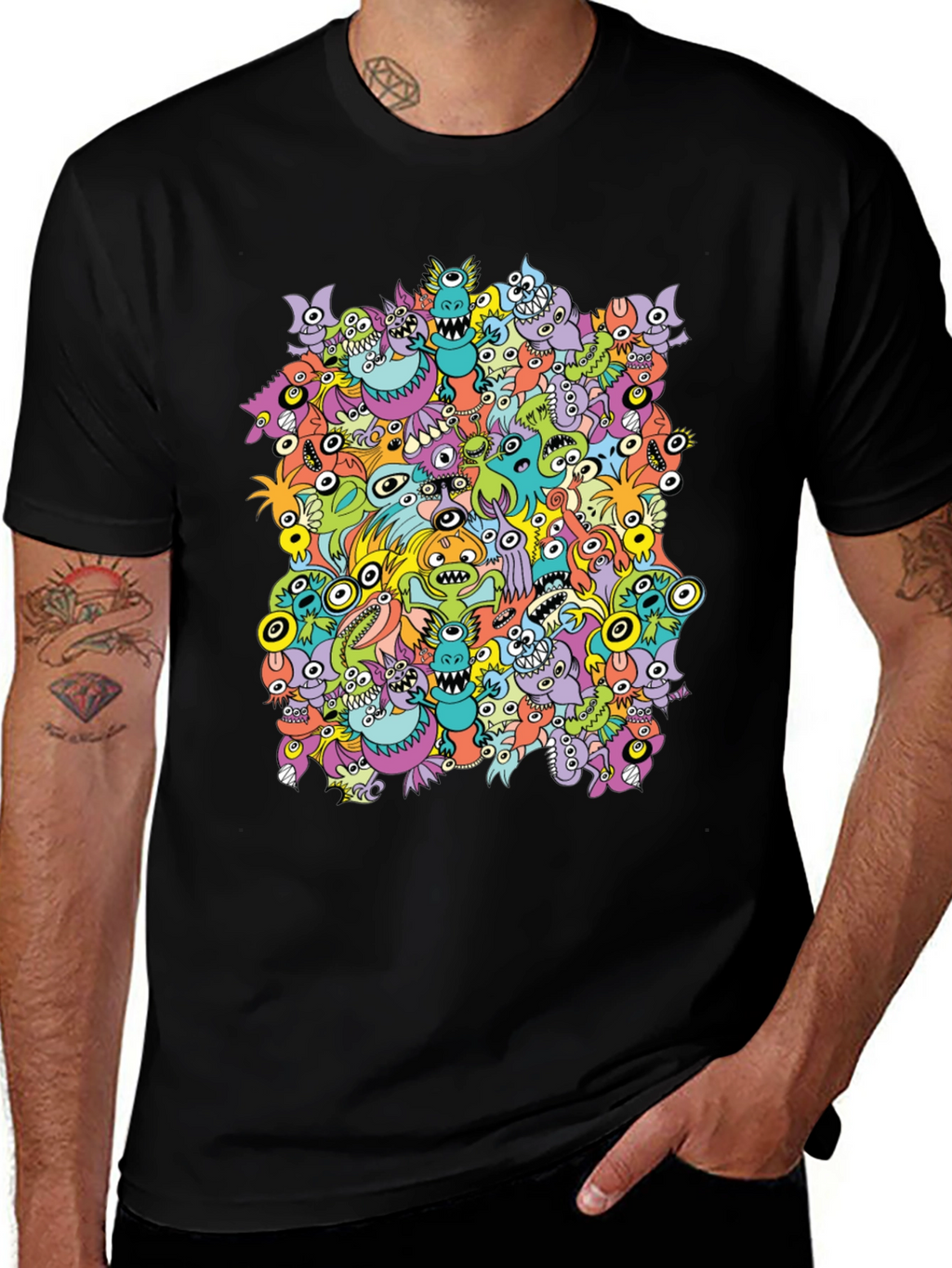 Monster Doodle Graphic Tee - Black Crew Neck T-Shirt