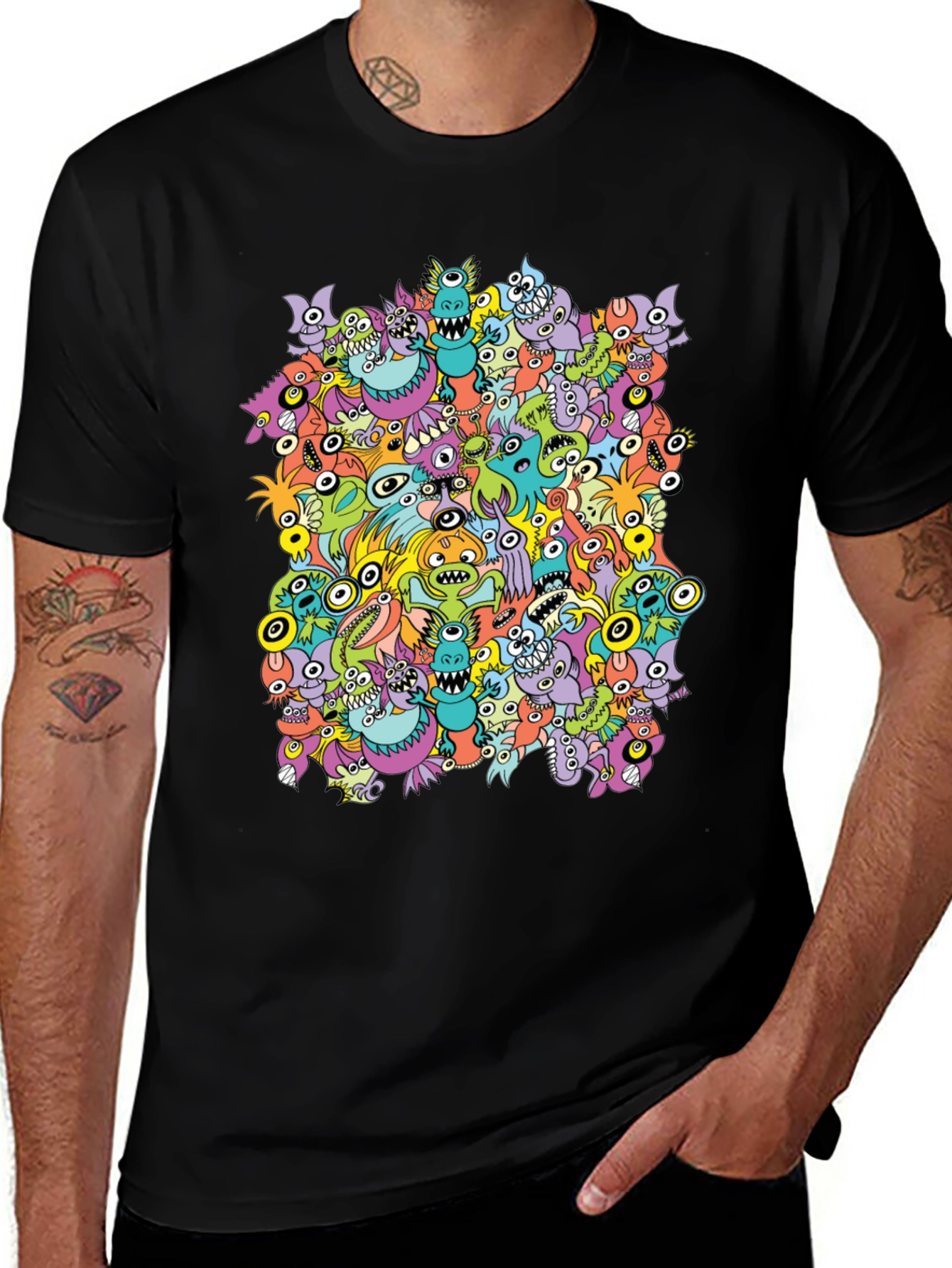Monster Doodle Graphic Tee - Black Crew Neck T-Shirt