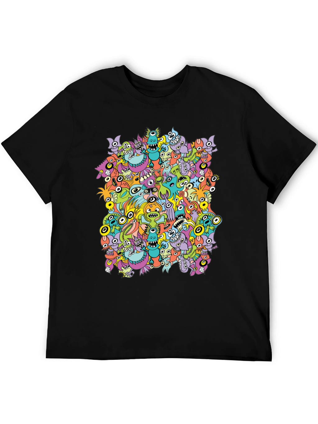 Monster Doodle Graphic Tee - Black Crew Neck T-Shirt