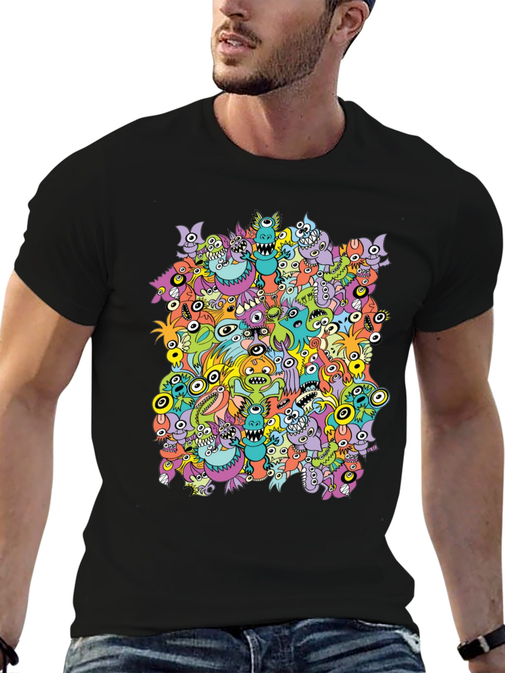 Monster Doodle Graphic Tee - Black Crew Neck T-Shirt