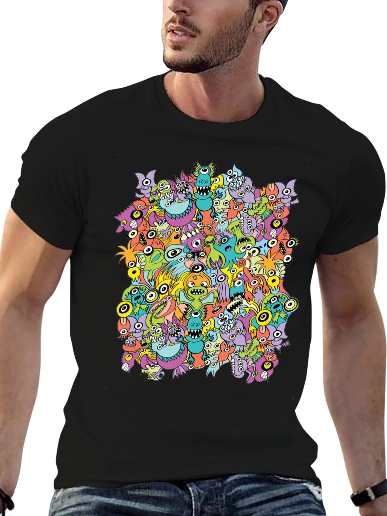 Monster Doodle Graphic Tee - Black Crew Neck T-Shirt