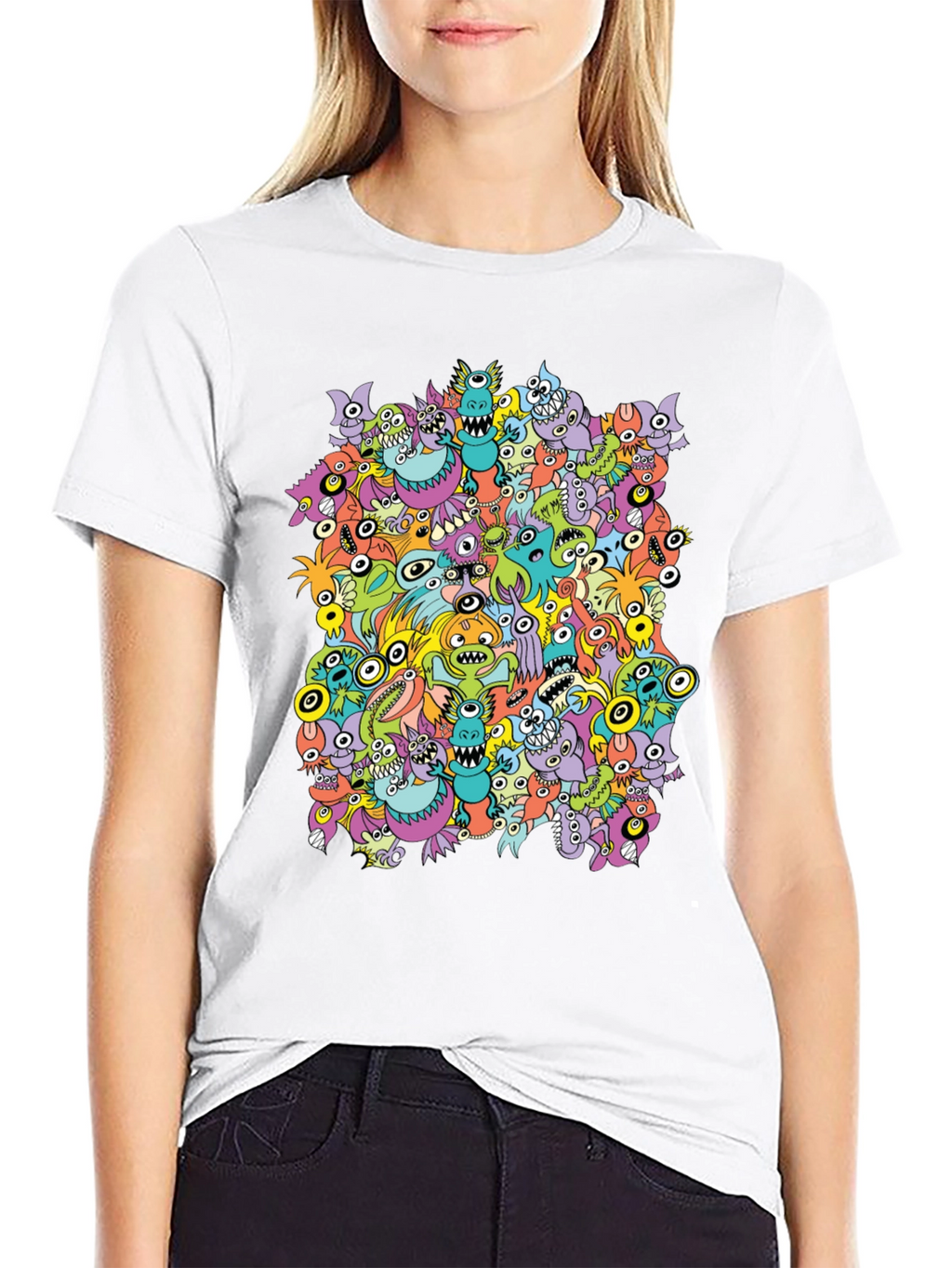 Monster Doodle Graphic Tee - Black Crew Neck T-Shirt