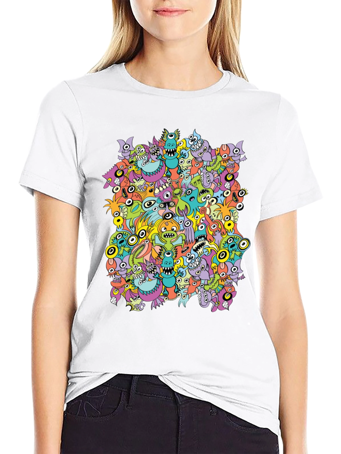Monster Doodle Graphic Tee - Black Crew Neck T-Shirt