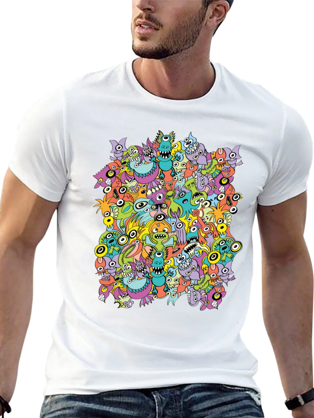 Monster Doodle Graphic Tee - Black Crew Neck T-Shirt