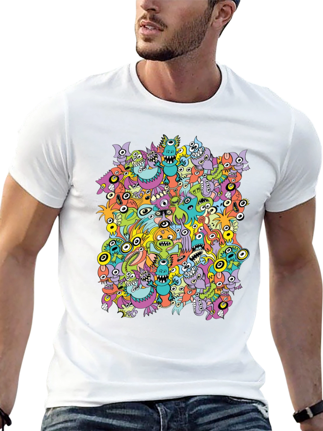 Monster Doodle Graphic Tee - Black Crew Neck T-Shirt