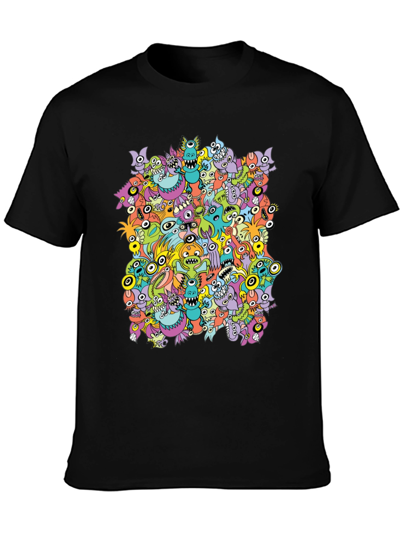 Monster Doodle Graphic Tee - Black Crew Neck T-Shirt