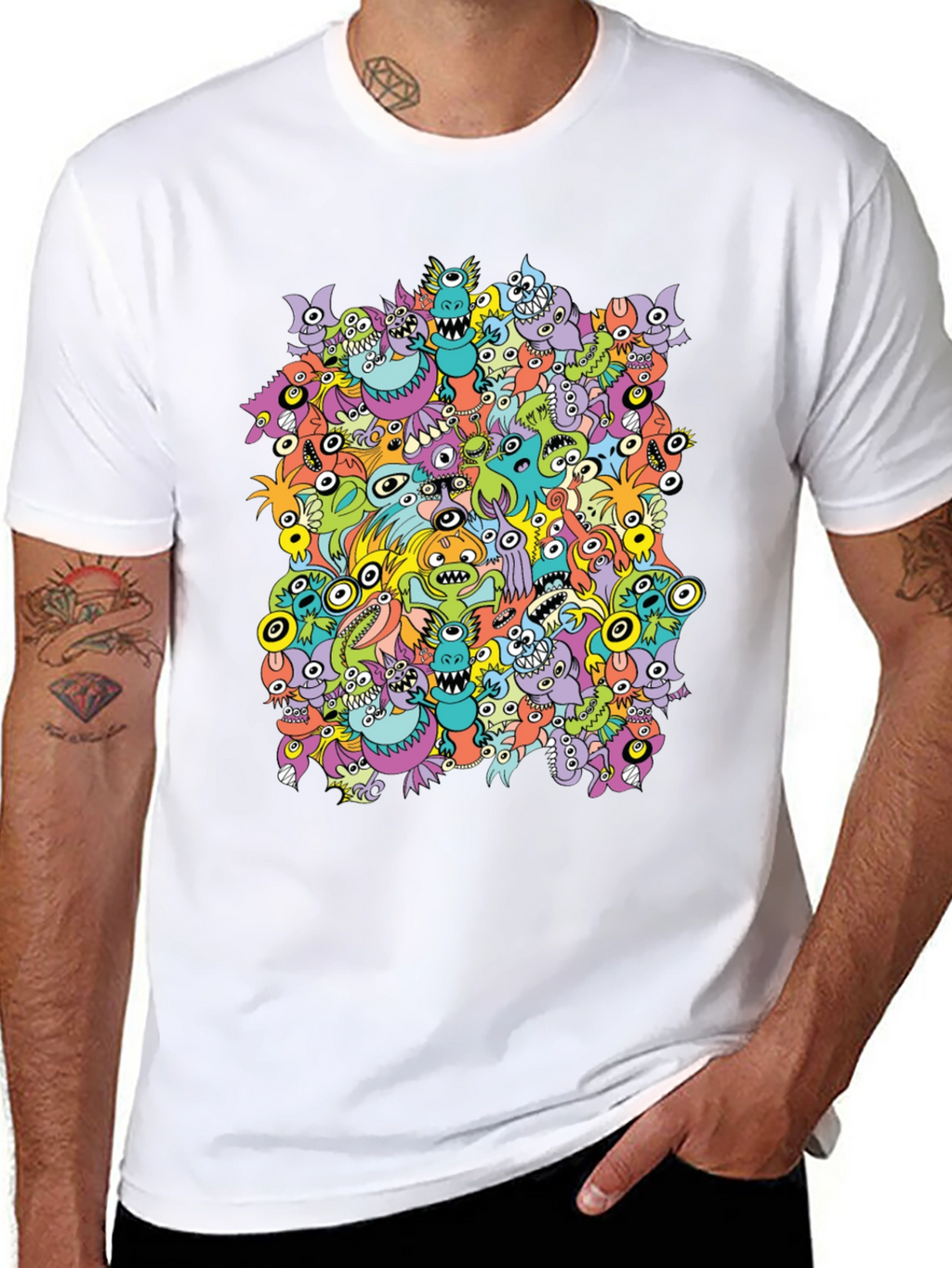 Monster Doodle Graphic Tee - Black Crew Neck T-Shirt