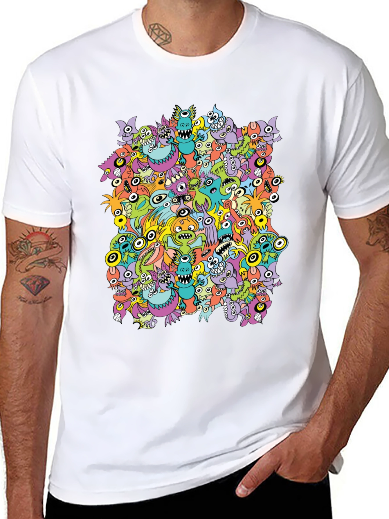 Monster Doodle Graphic Tee - Black Crew Neck T-Shirt