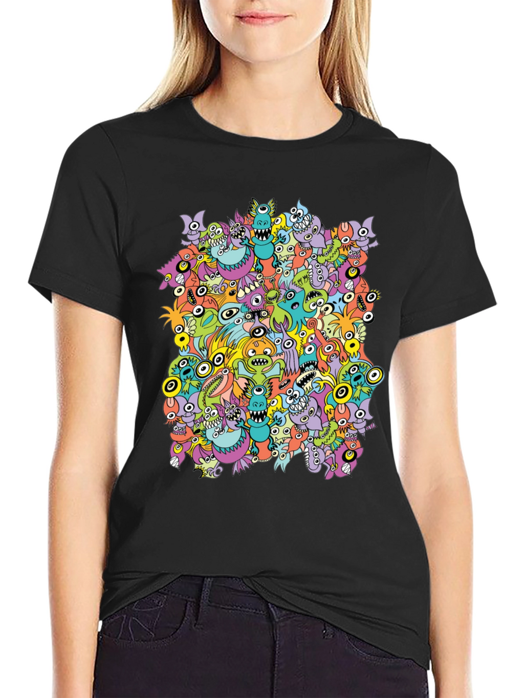Monster Doodle Graphic Tee - Black Crew Neck T-Shirt