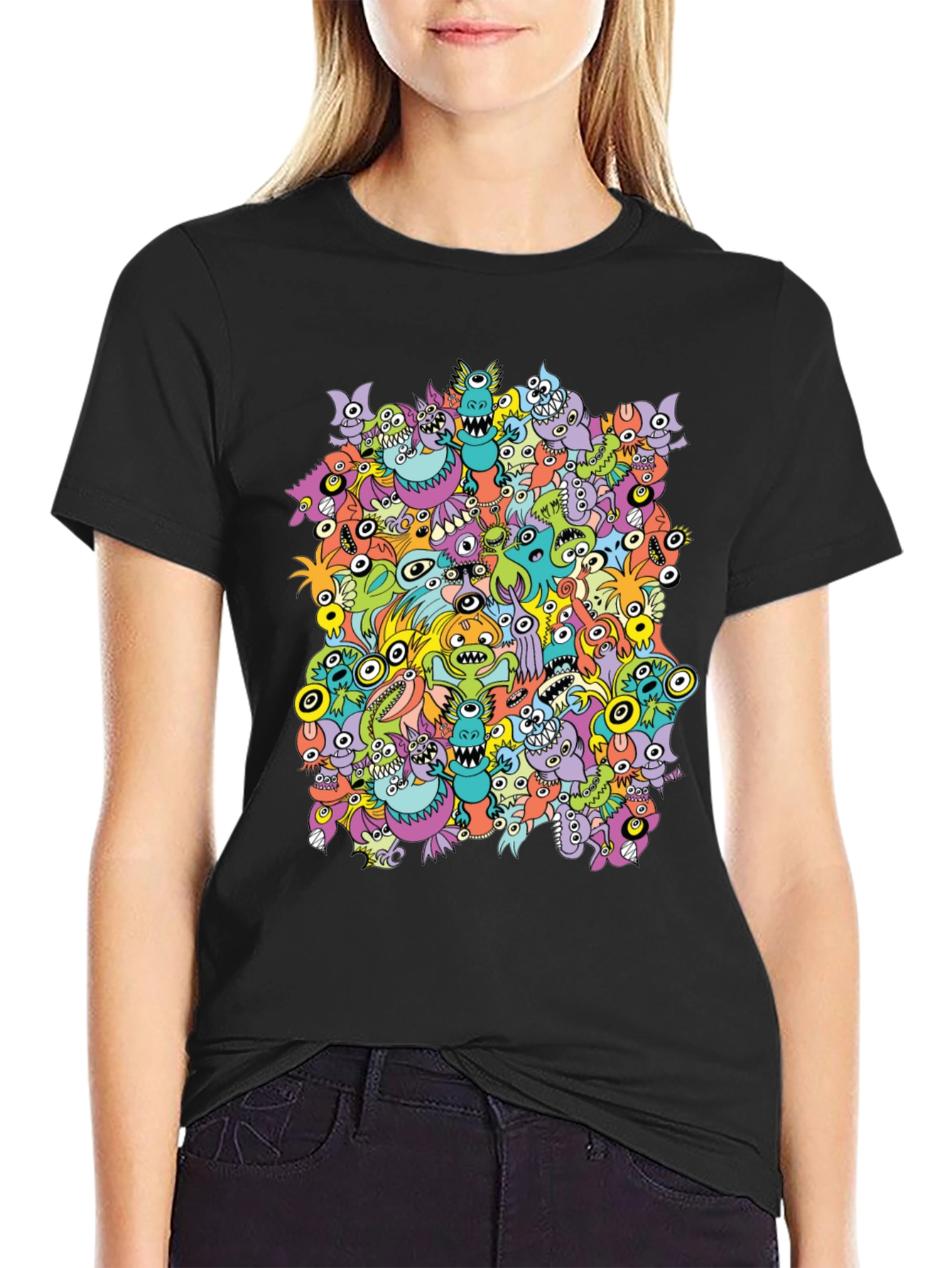 Monster Doodle Graphic Tee - Black Crew Neck T-Shirt