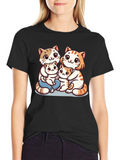 Cute Cat Family Graphic Tee - Black