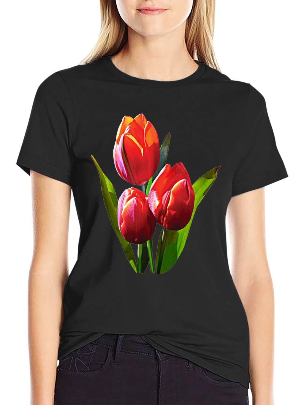 Tulip Graphic Tee - Black Floral Design
