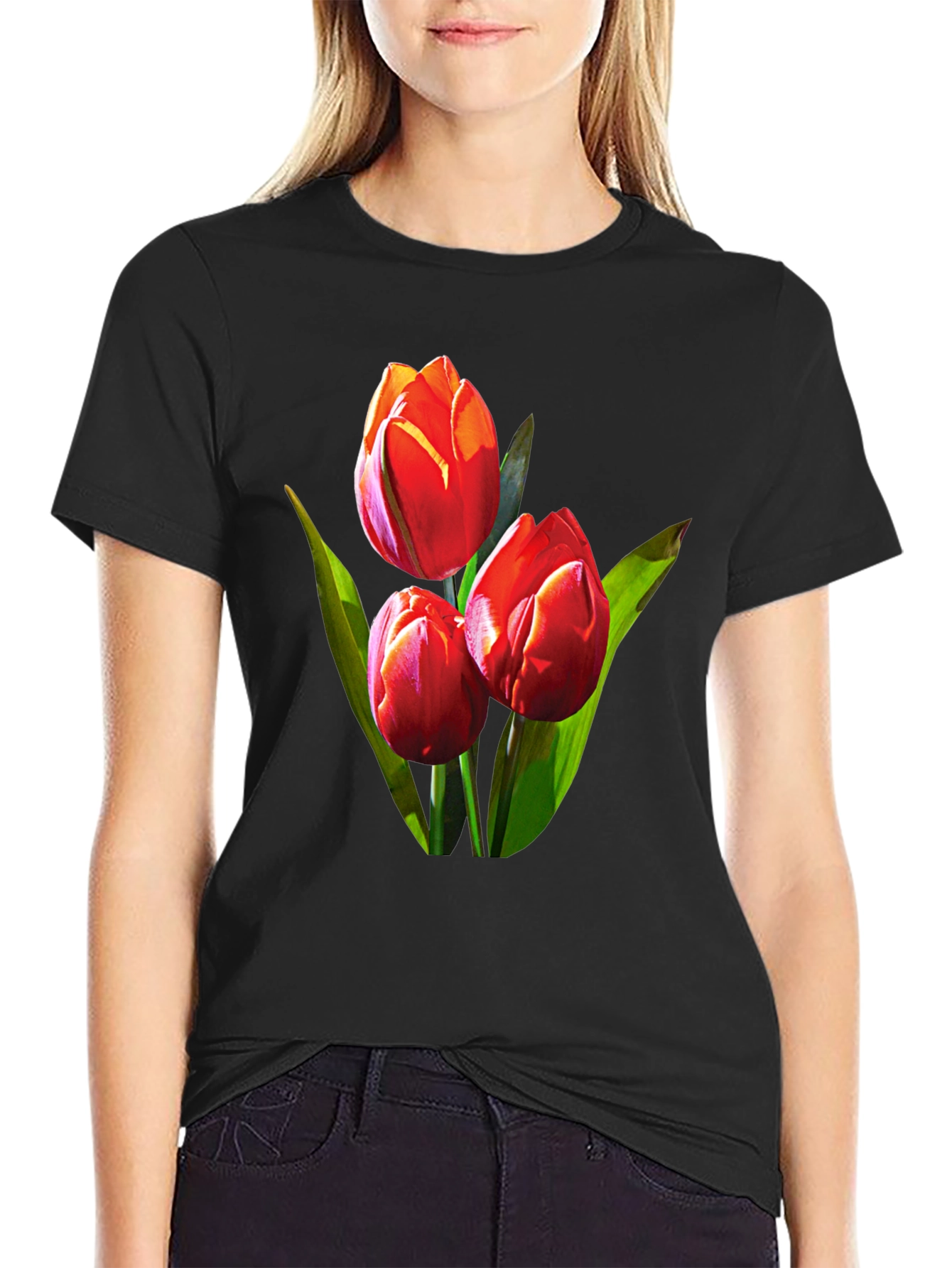 Tulip Graphic Tee - Black Floral Design