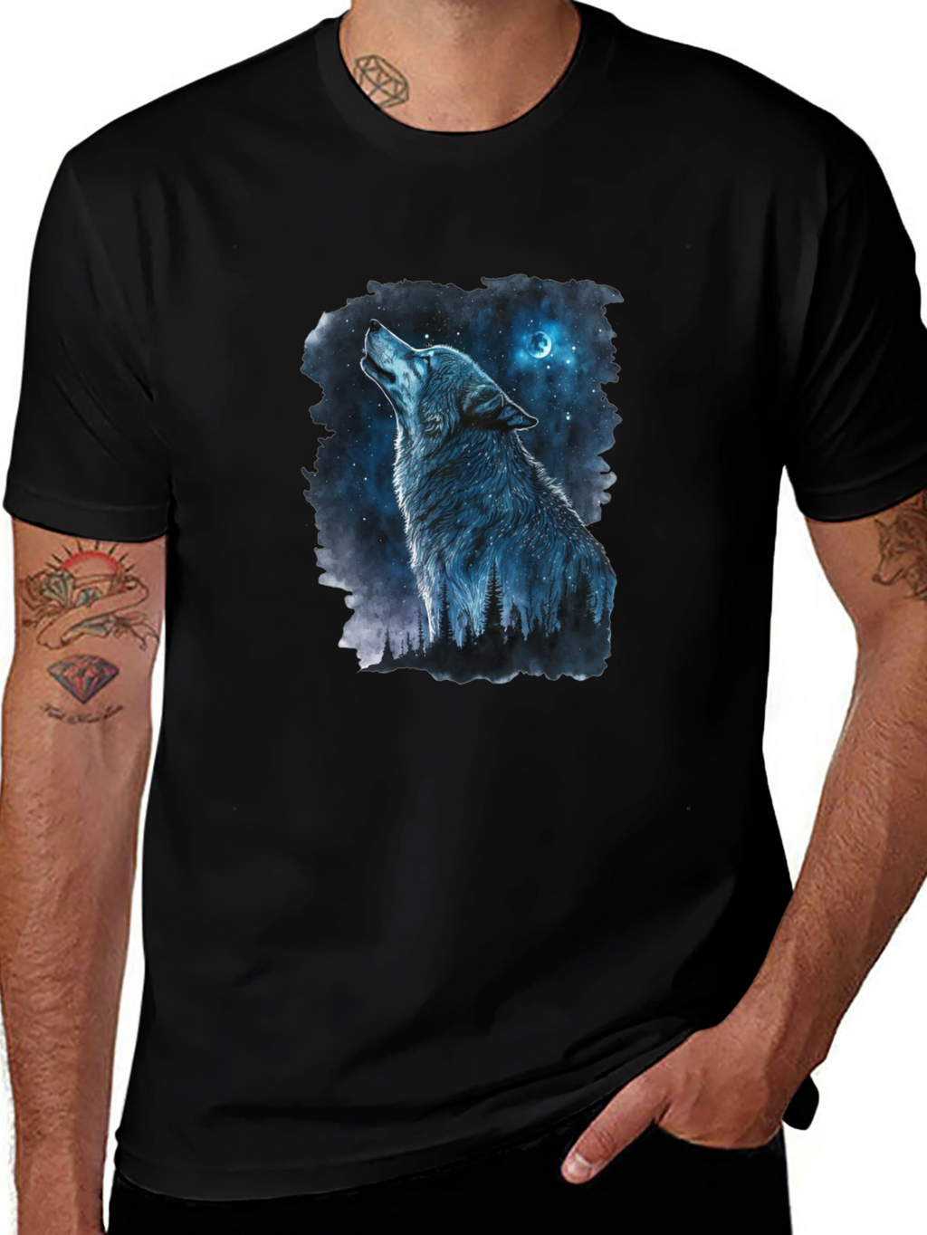Wolf Howling at Moon Graphic Black T-Shirt