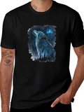Wolf Howling at Moon Graphic Black T-Shirt