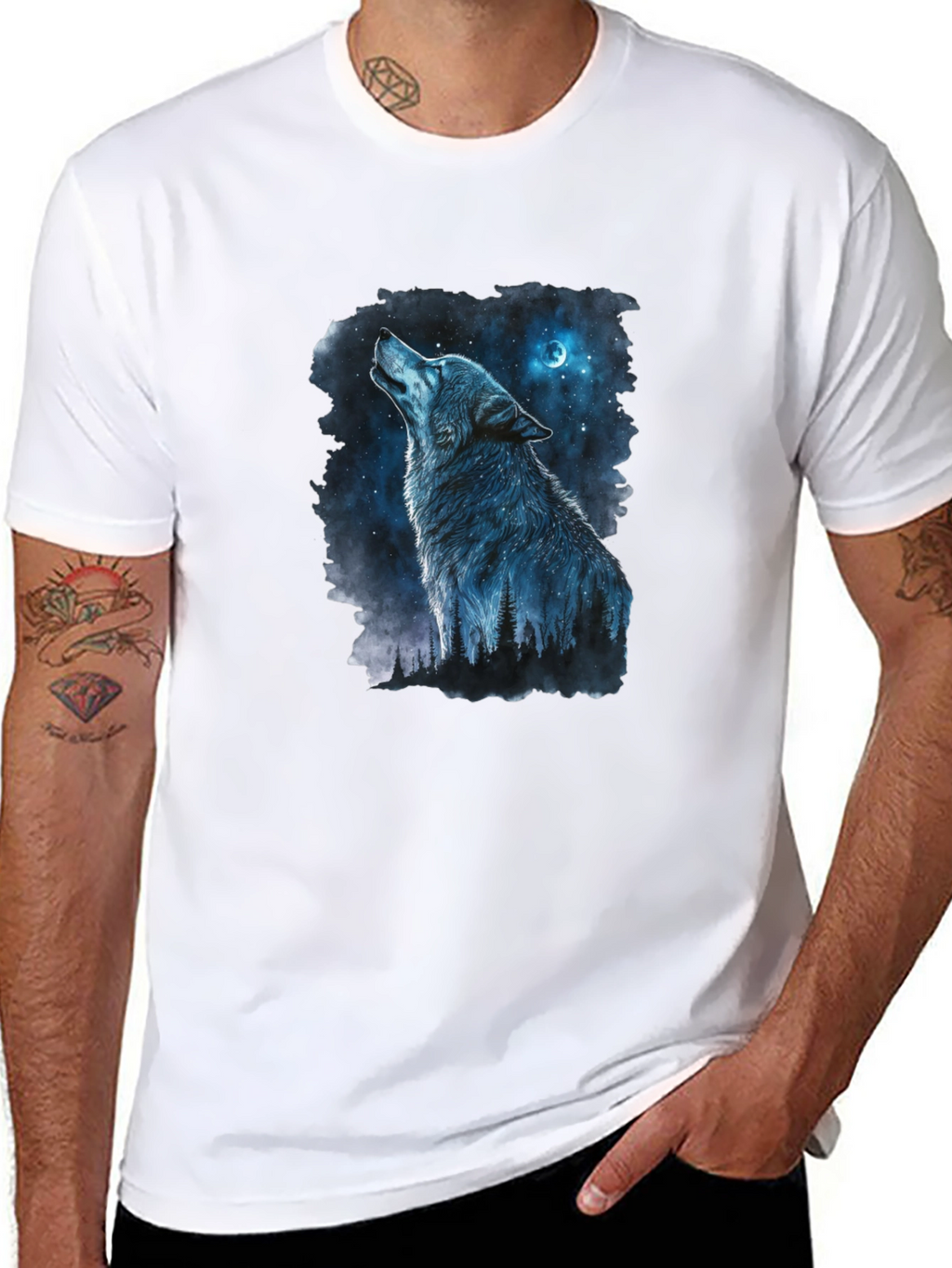 Wolf Howling at Moon Graphic Black T-Shirt