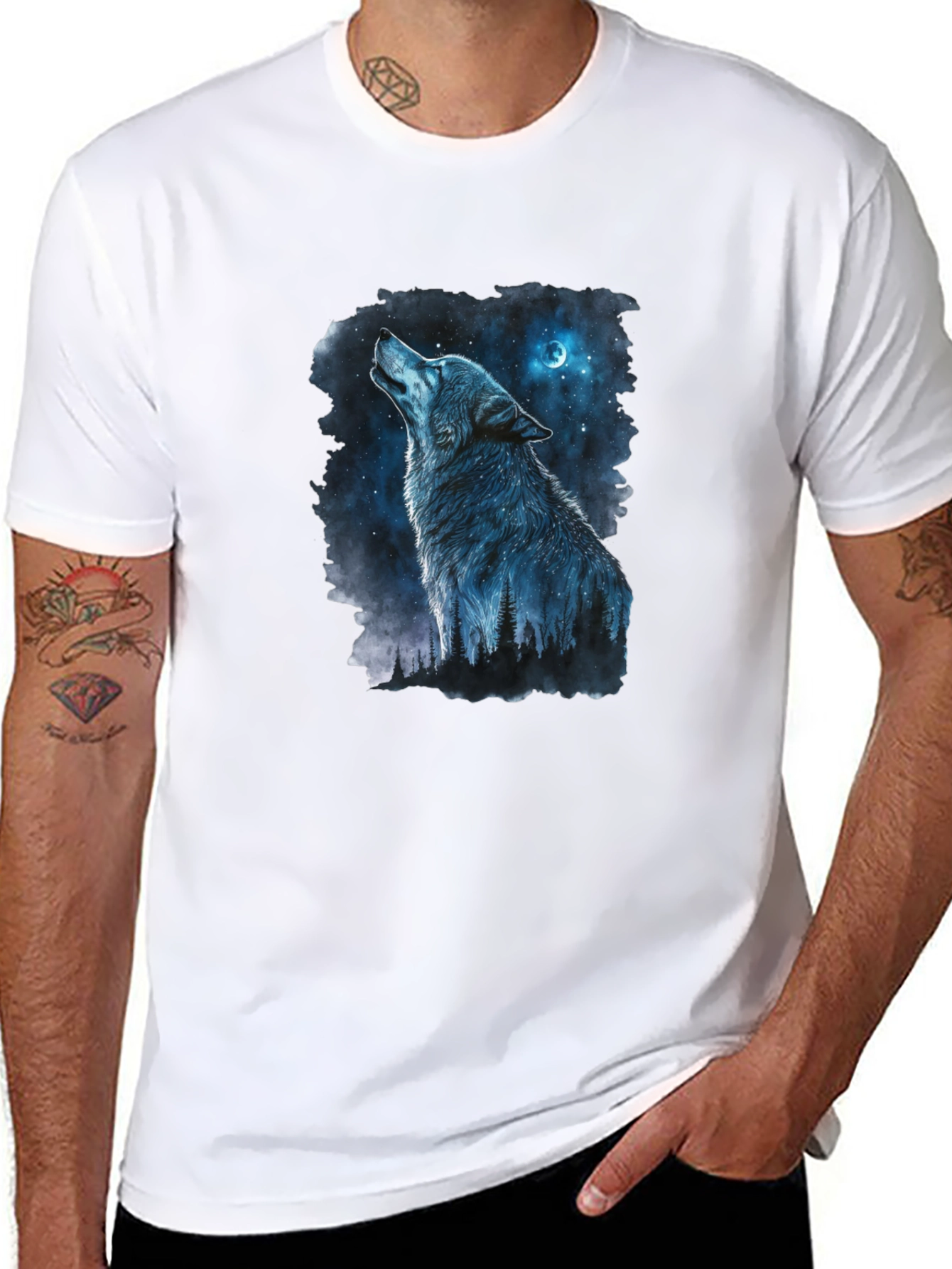Wolf Howling at Moon Graphic Black T-Shirt