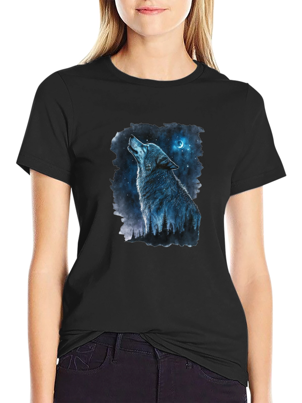 Wolf Howling at Moon Graphic Black T-Shirt