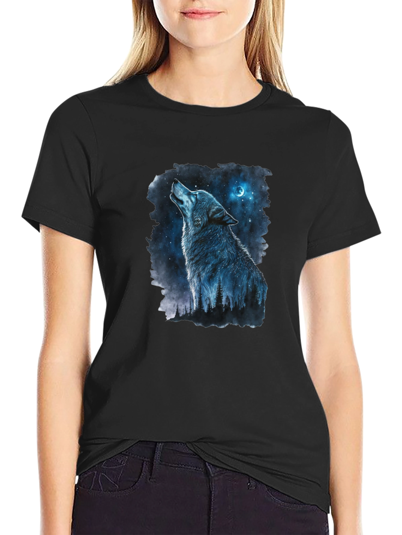 Wolf Howling at Moon Graphic Black T-Shirt