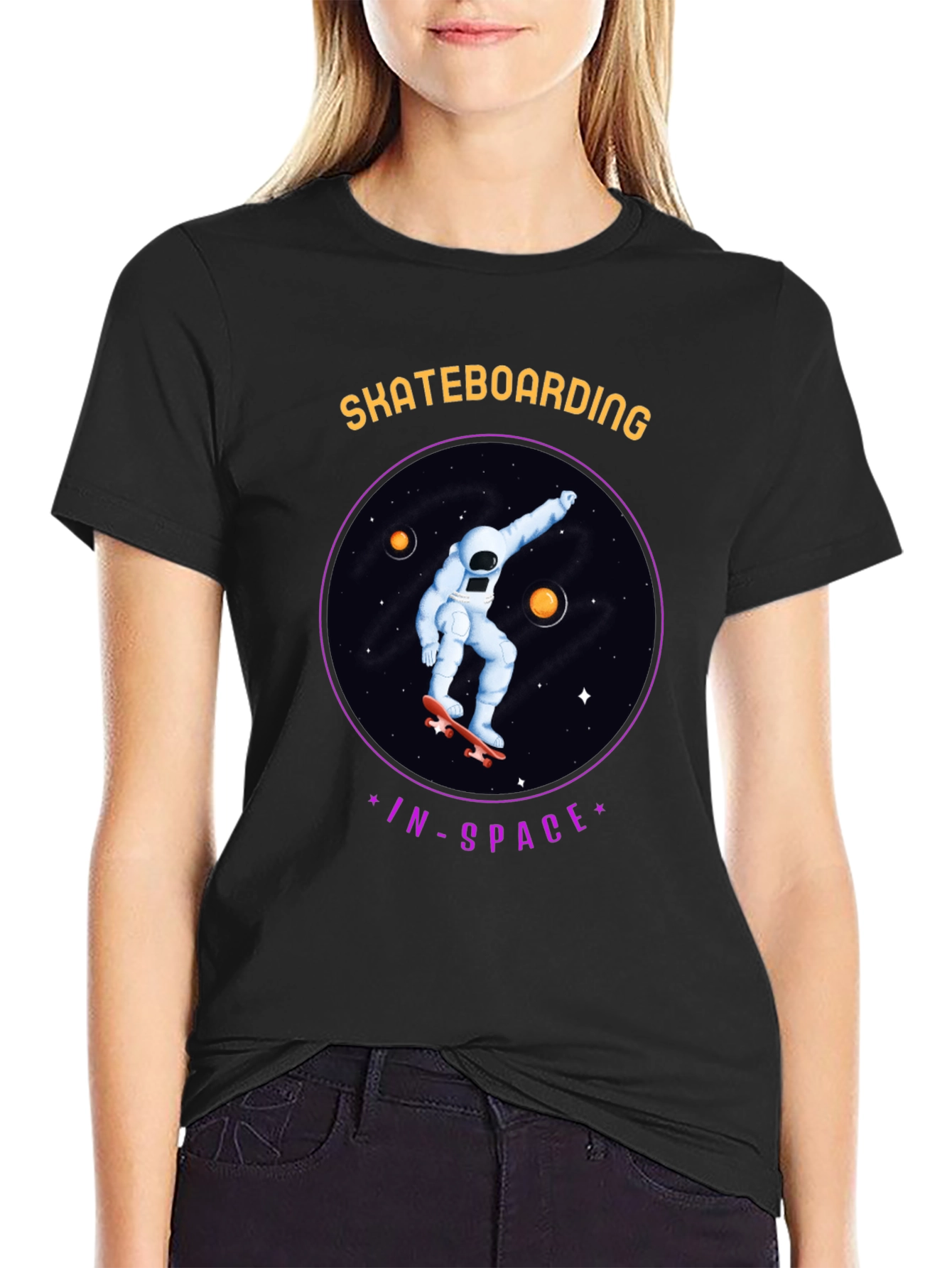 Skateboarding in Space Graphic Tee - Black Cotton