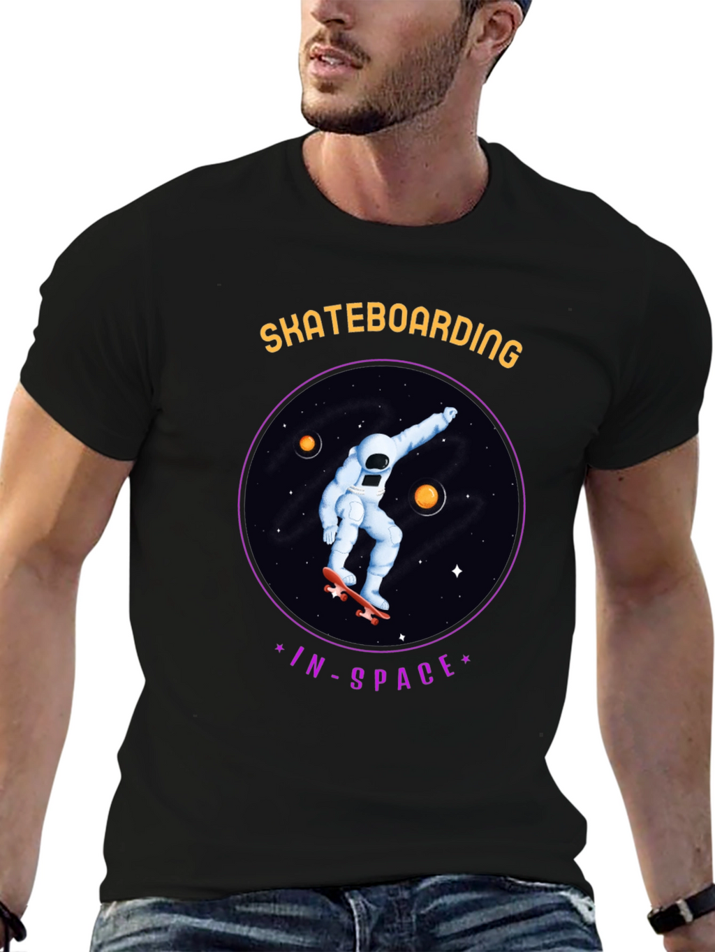 Skateboarding in Space Graphic Tee - Black Cotton