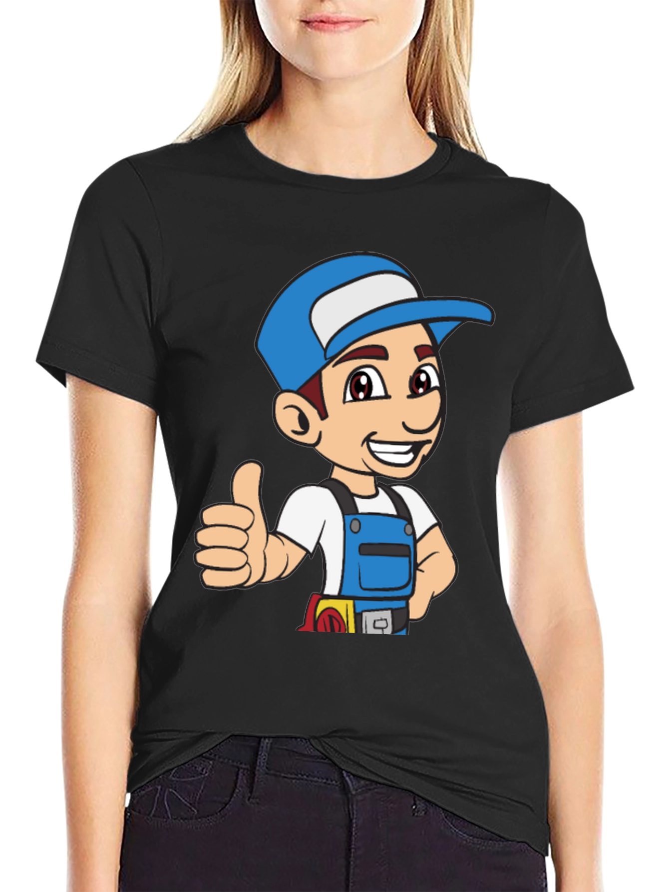 Cartoon Handyman Graphic T-Shirt - Black