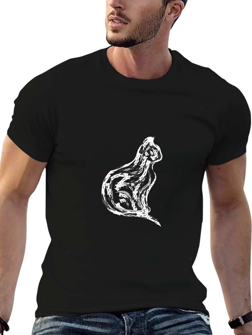 Black T-Shirt with Cat Silhouette Design