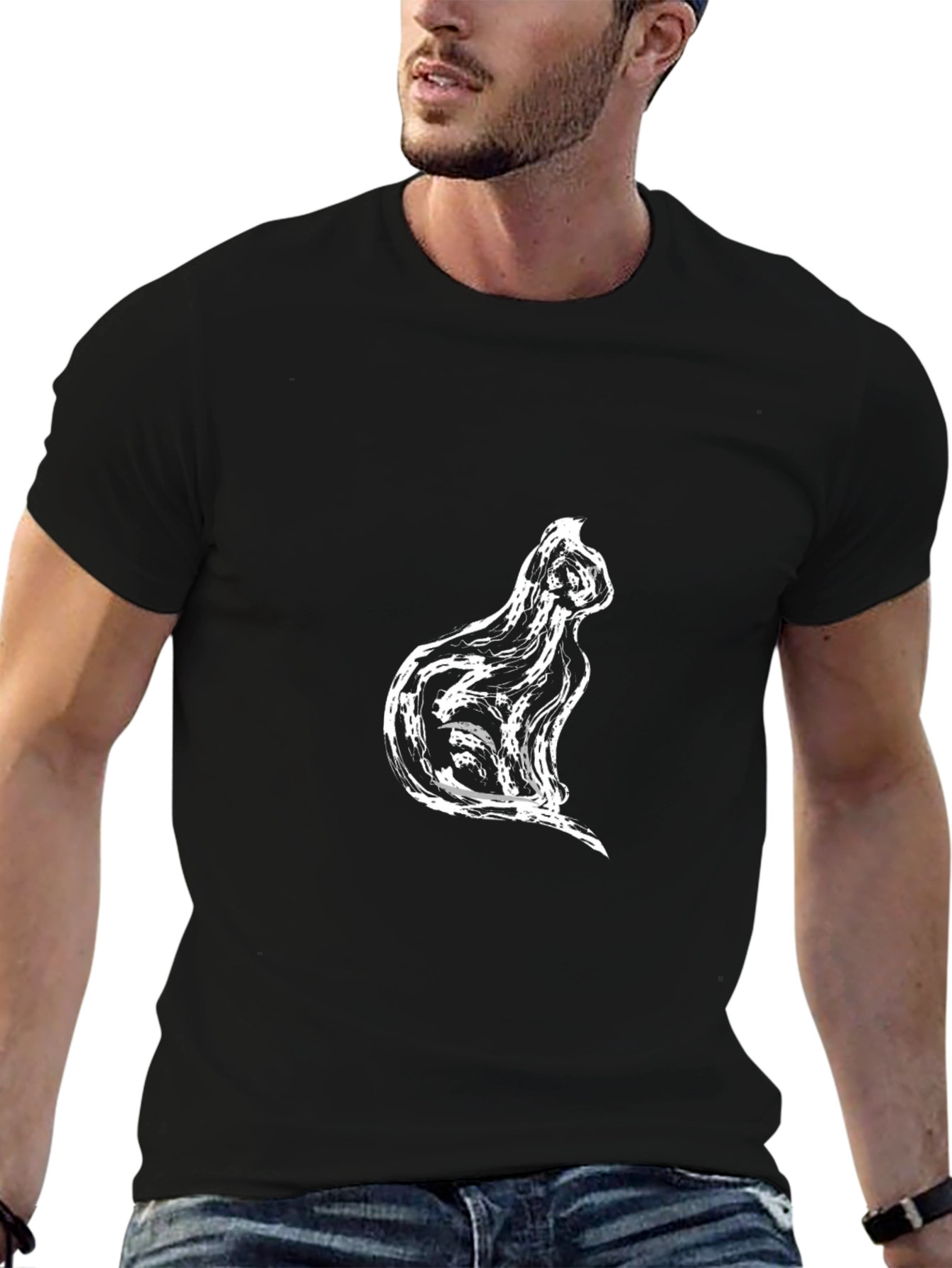 Black T-Shirt with Cat Silhouette Design