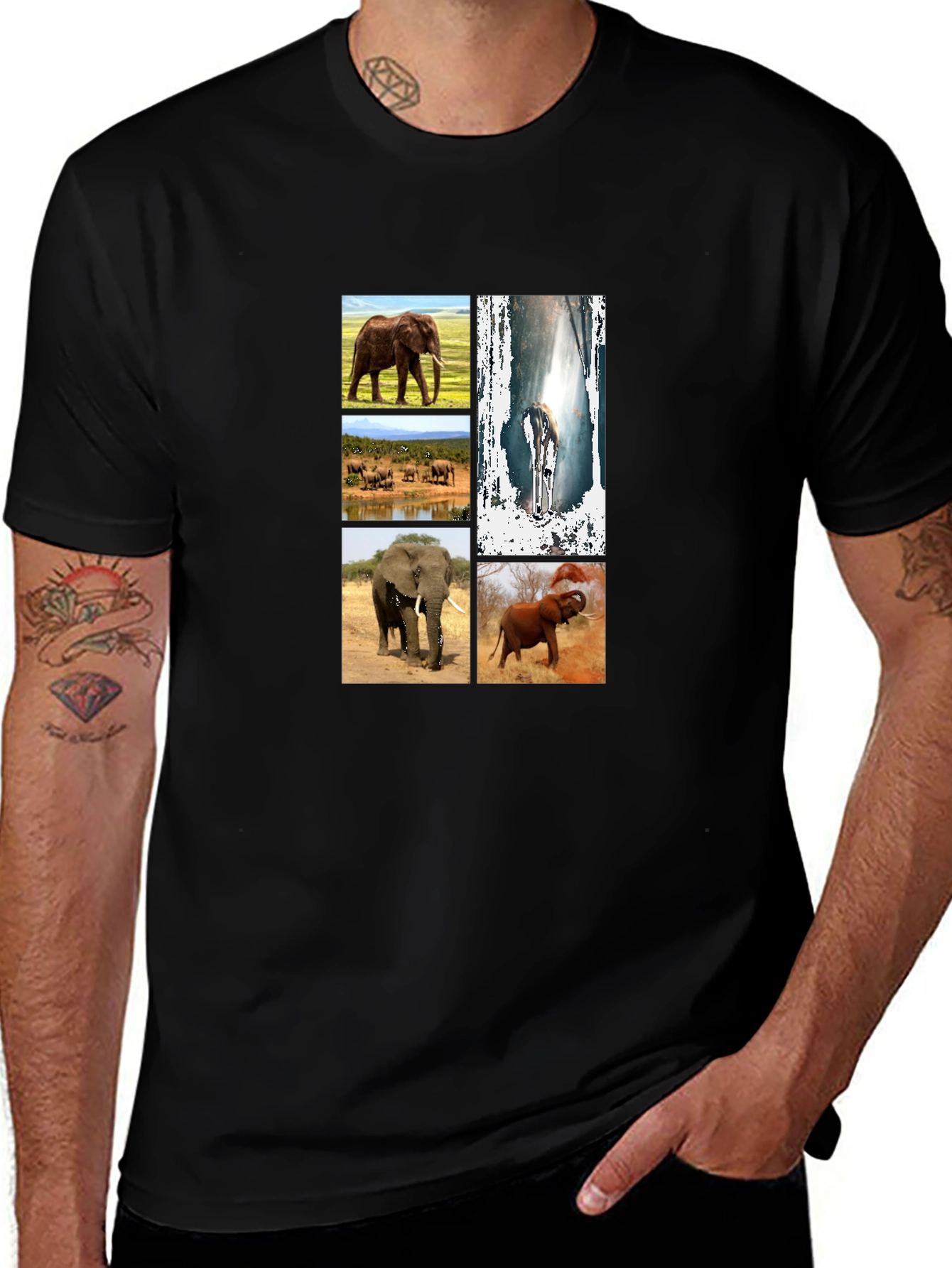 Elephant Collage Black Graphic T-Shirt