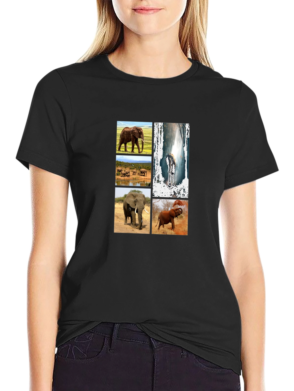 Elephant Collage Black Graphic T-Shirt