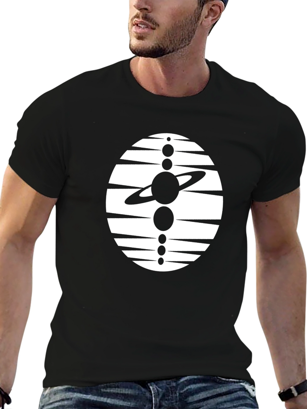 Cosmic Black Tee: Solar System Graphic Print