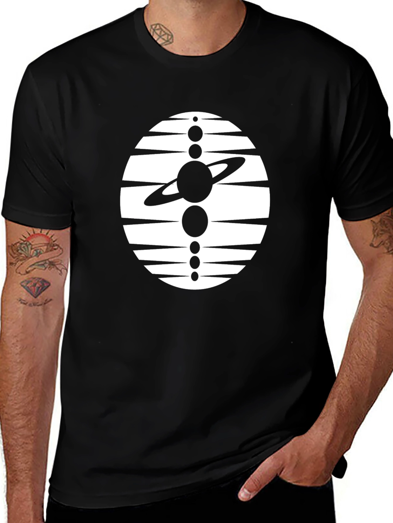 Cosmic Black Tee: Solar System Graphic Print