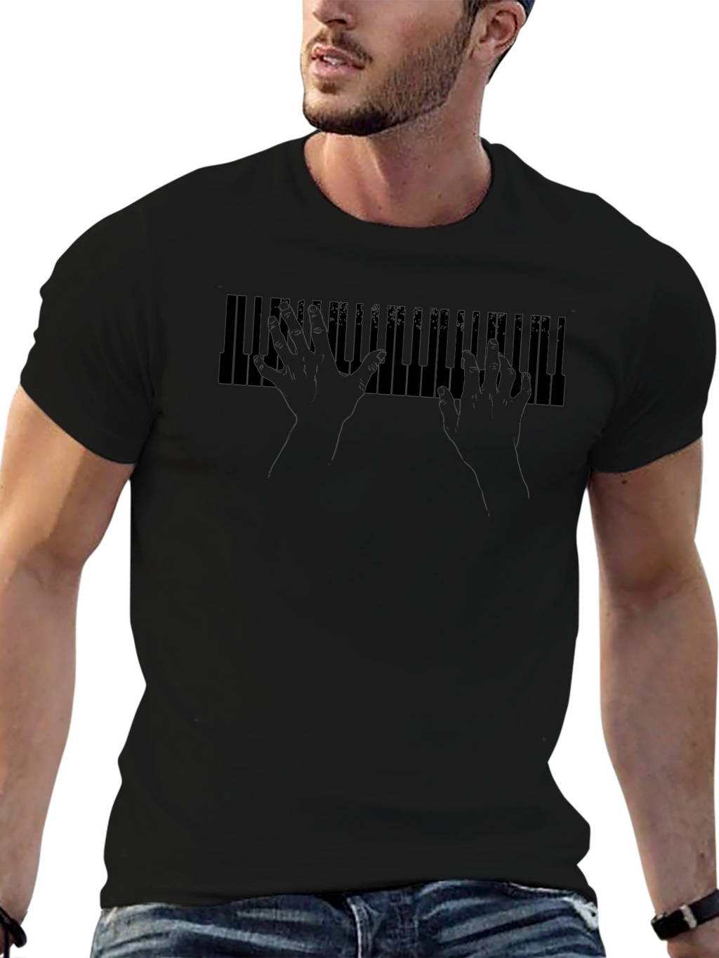 Piano Keys Hands Black Graphic Tee