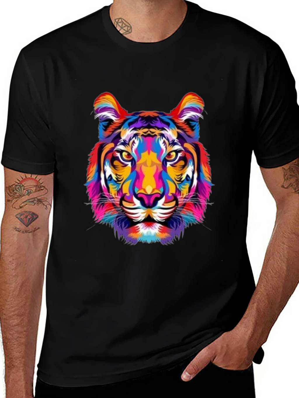 Vibrant Tiger Graphic Print Black T-Shirt