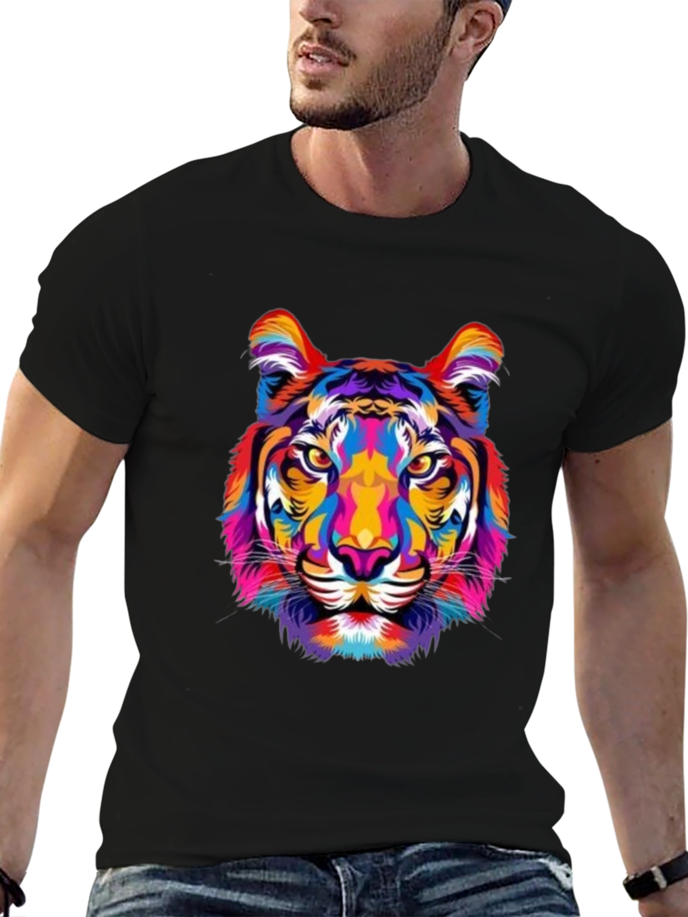 Vibrant Tiger Graphic Print Black T-Shirt