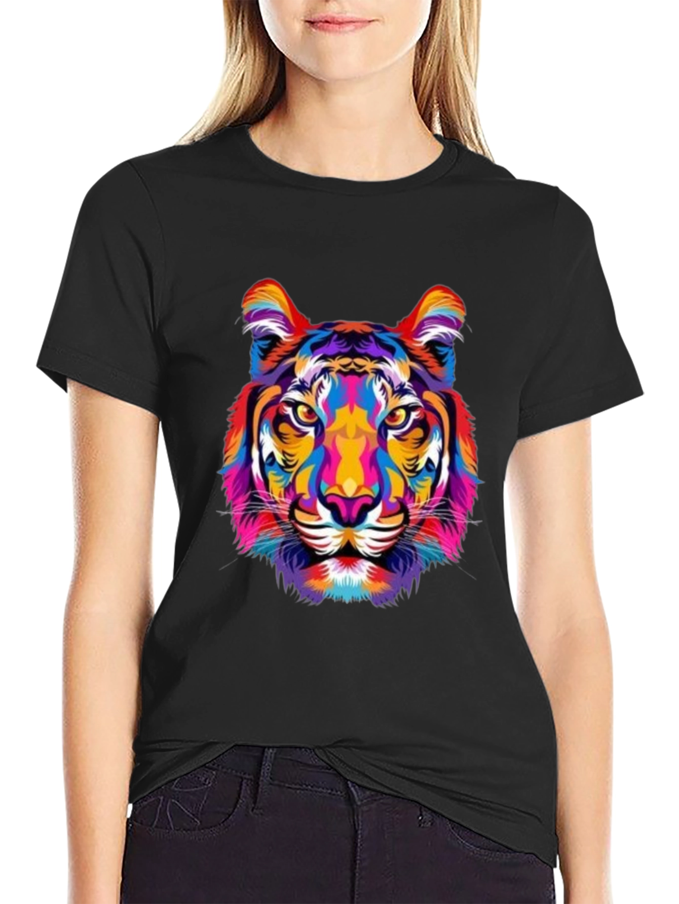 Vibrant Tiger Graphic Print Black T-Shirt