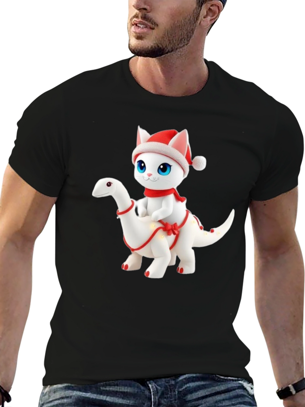 Festive Cat Riding Dinosaur T-Shirt