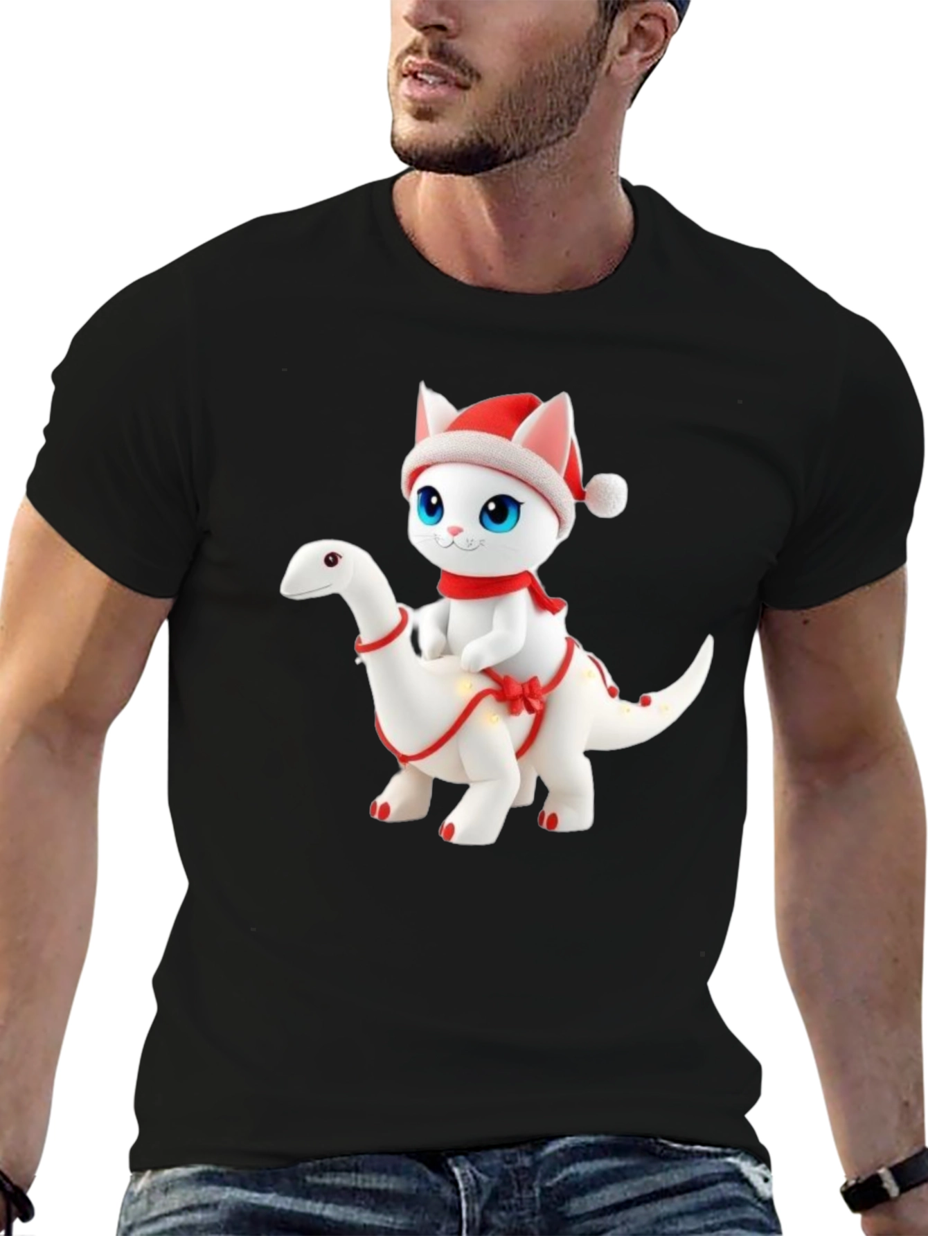 Festive Cat Riding Dinosaur T-Shirt