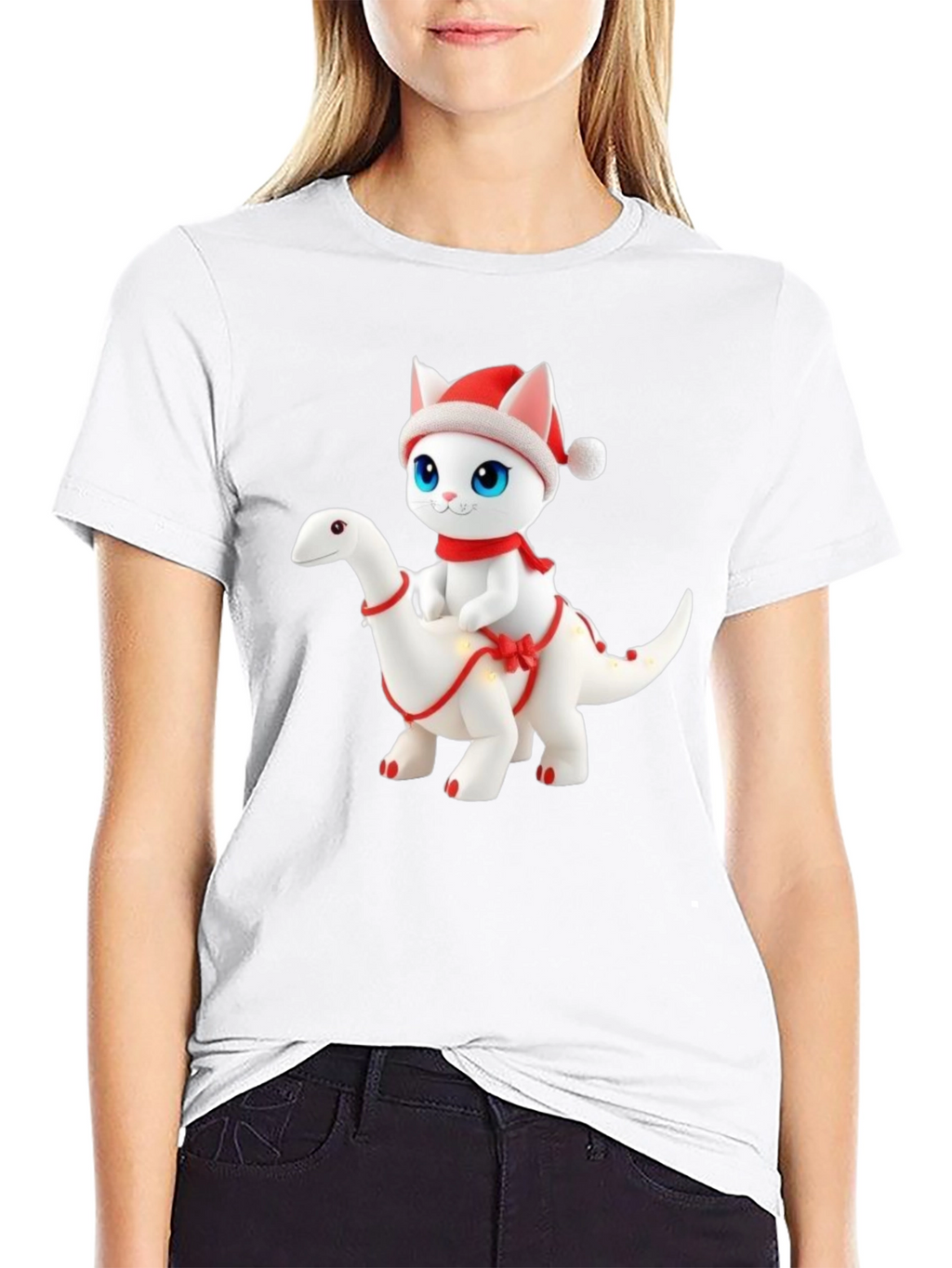 Festive Cat Riding Dinosaur T-Shirt