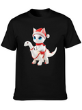 Festive Cat Riding Dinosaur T-Shirt