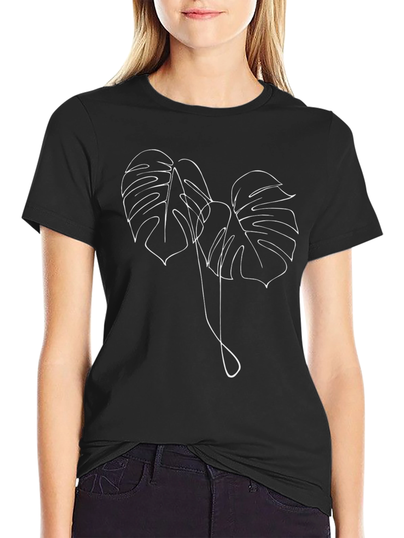 Minimalist Monstera Leaf Line Art Black T-Shirt