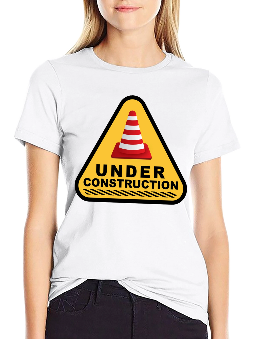 Under Construction Cone Graphic Tee - Black Cotton T-Shirt