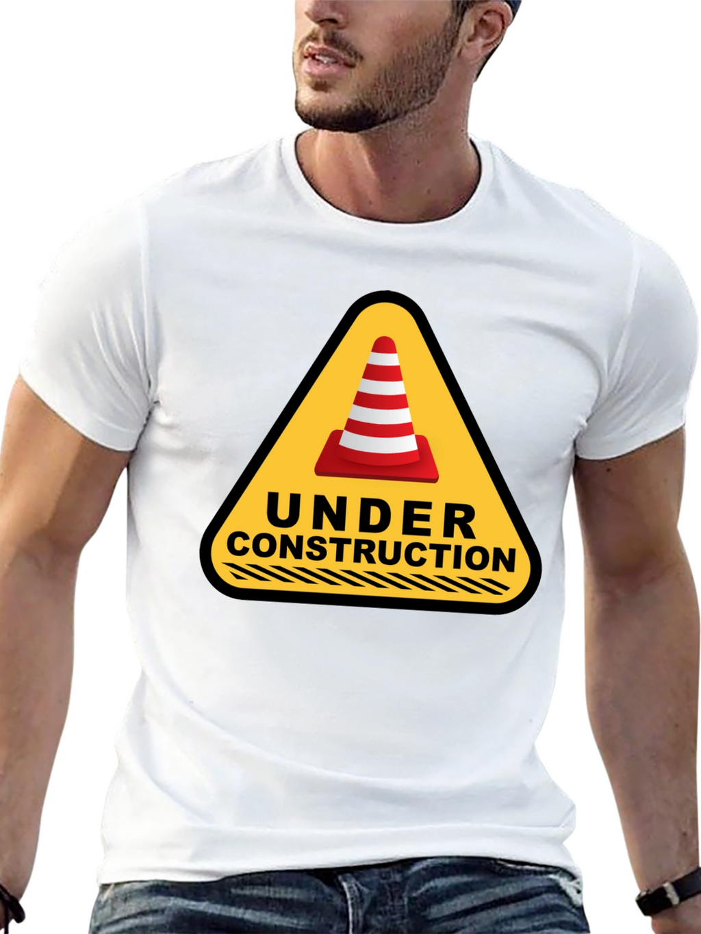 Under Construction Cone Graphic Tee - Black Cotton T-Shirt