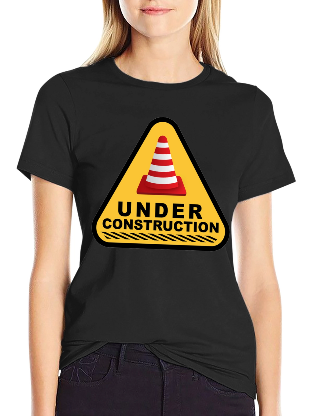 Under Construction Cone Graphic Tee - Black Cotton T-Shirt