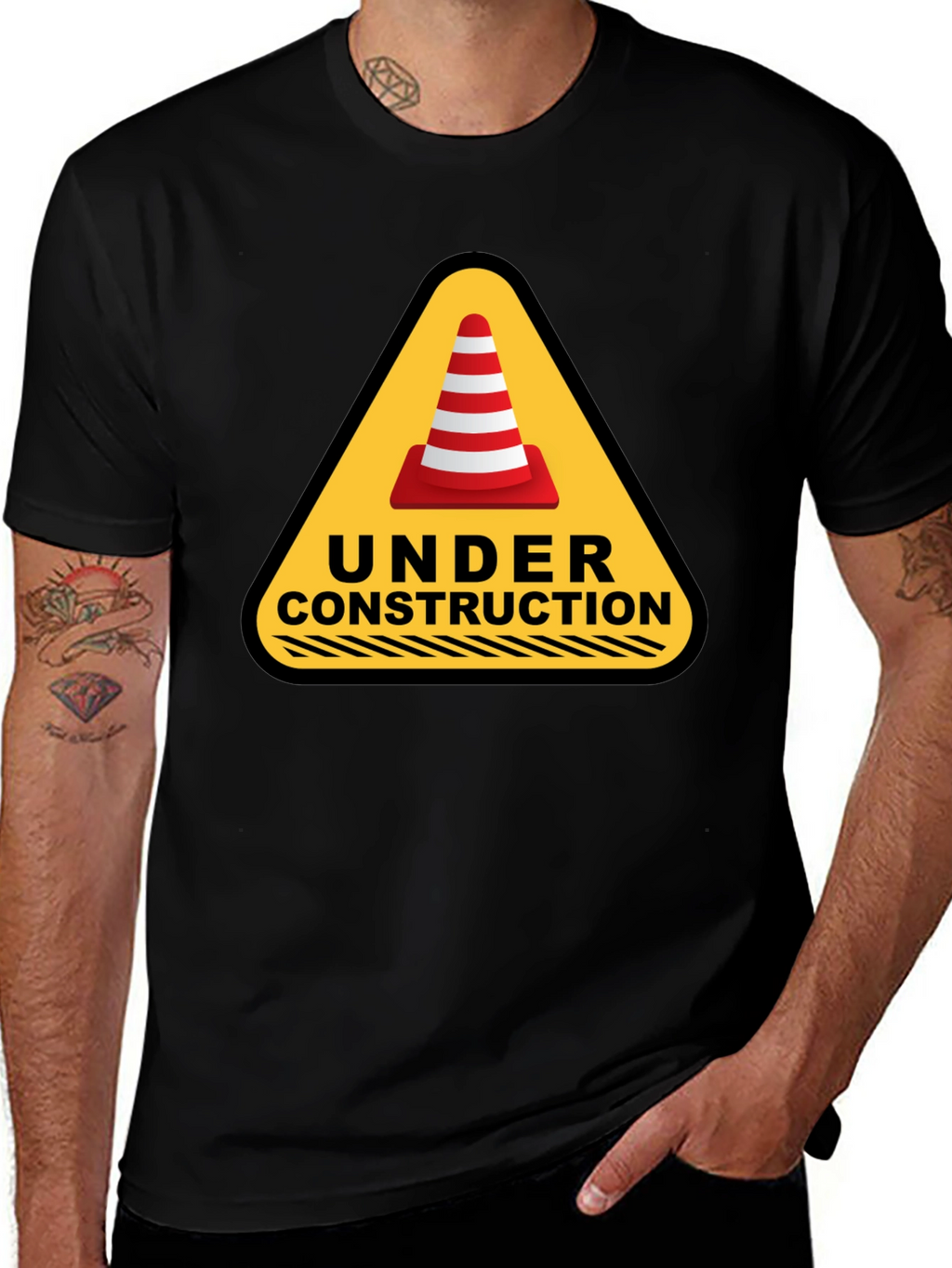 Under Construction Cone Graphic Tee - Black Cotton T-Shirt